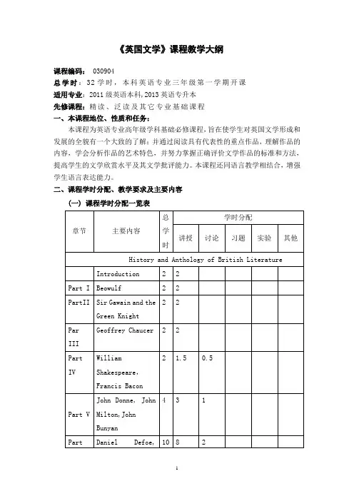 030904英国文学(2011英本,2013英语专升本)教学大纲-吴文南