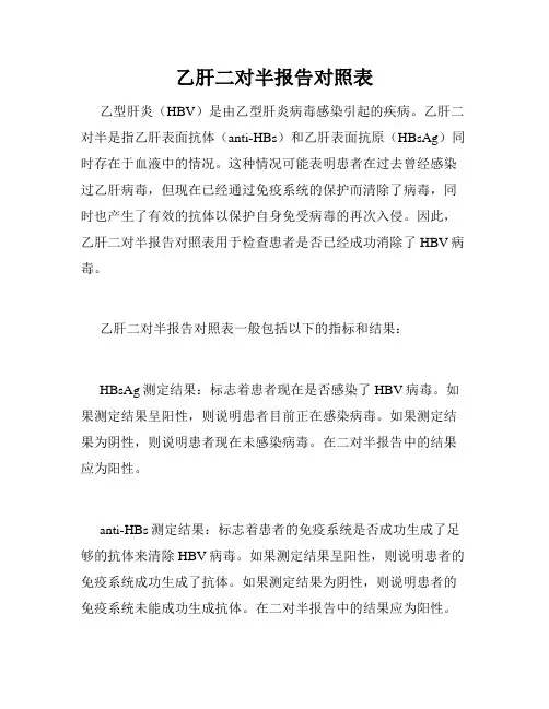 乙肝二对半报告对照表
