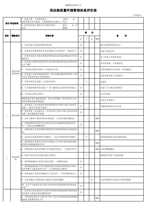 供应商质量管理体系评核表