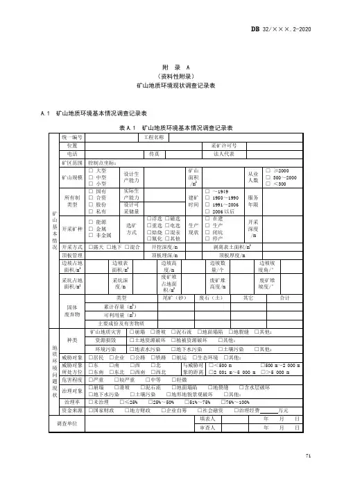 矿山地质环境现状调查记录表、土地利用现状分类、地质灾害防治工程勘查方案编制提纲