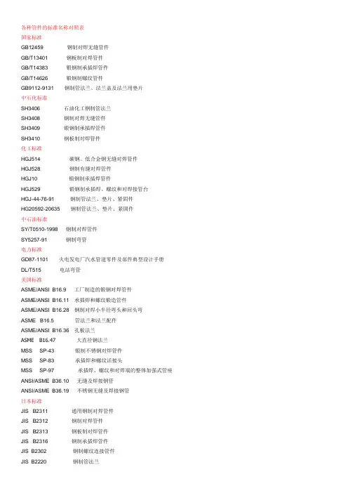 各种管件的标准名称对照表