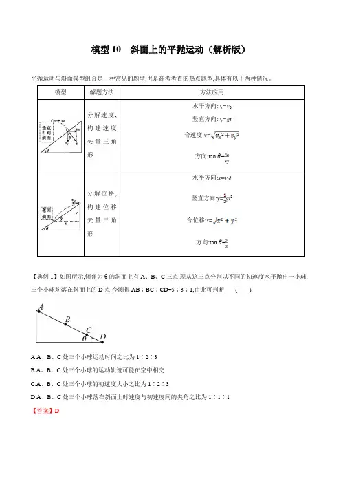 模型10 斜面上的平抛运动(解析版)