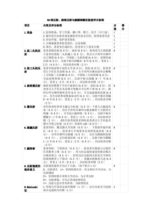 神经系统深反射、病理反射与脑膜刺激征检查操作技术考核内容及评分标准