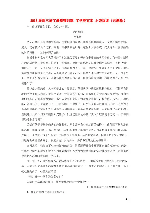 高三语文暑期微训练 文学类文本 小说阅读(含解析)