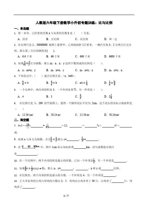人教版六年级下册数学小升初专题训练：比与比例(含答案)