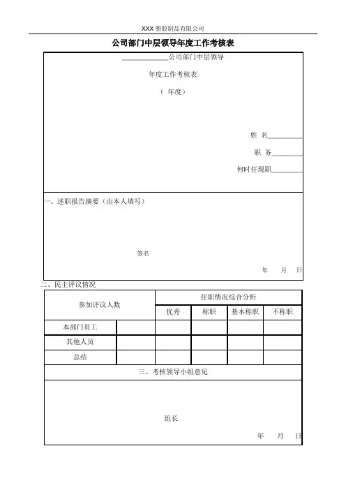 公司部门中层领导年度工作考核表