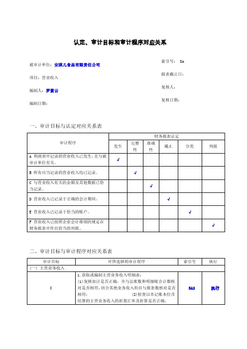 注册会计师审计综合实训》七.营业收入实质性测试底稿