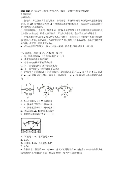 2023-2024学年江苏省盐城市中学物理九年级第一学期期中质量检测试题含解析
