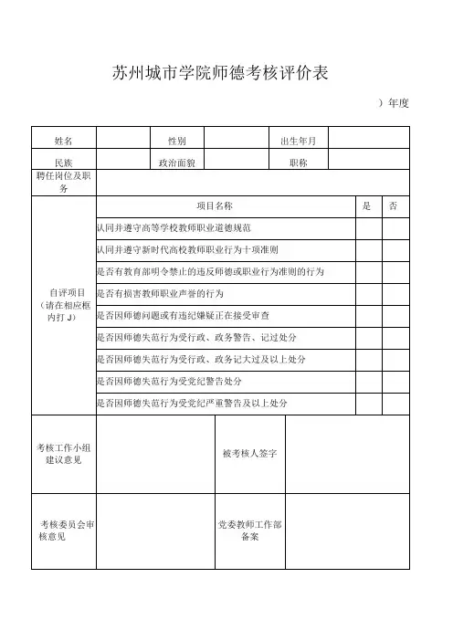 苏州城市学院师德考核评价表