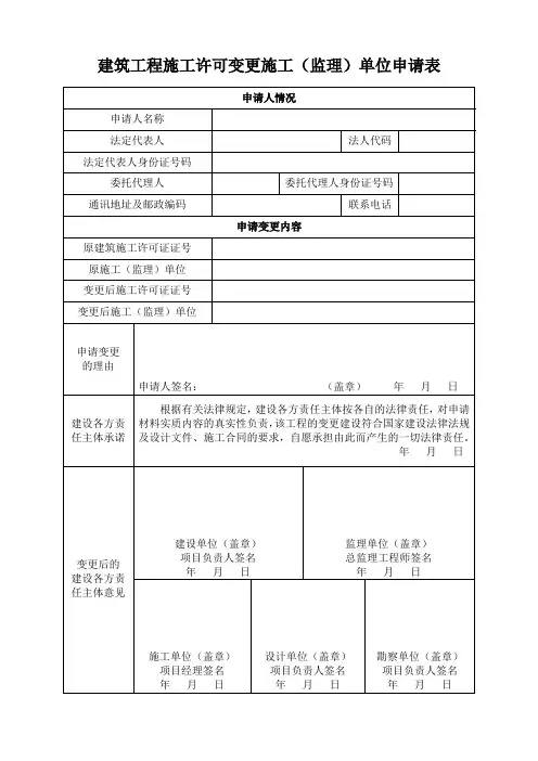 建筑工程施工许可变更施工监理单位申请表