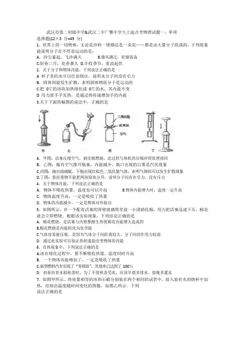 武汉二中广雅2019—2020学年度上学期起点考九年级物理试题 