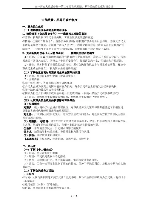 高一历史人教版必修一第二单元古代希腊、罗马的政治制度知识总结