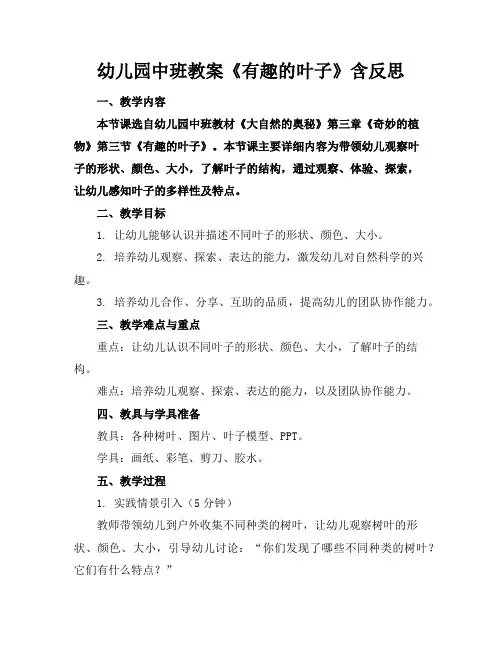 幼儿园中班教案《有趣的叶子》含反思