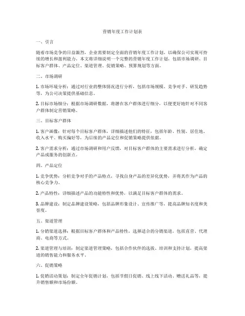 营销年度工作计划表