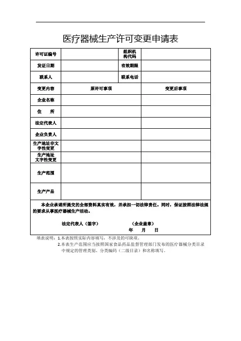 医疗器械生产许可变更(文字性)申请材料