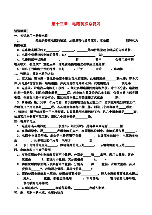 九年级物理第十三章  电路初探总复习教案人教版