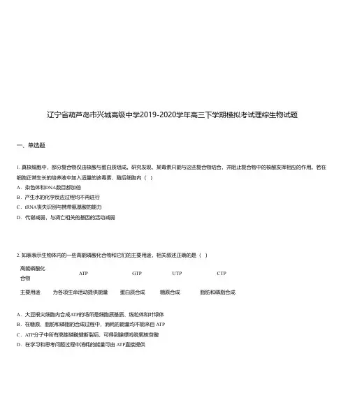 辽宁省葫芦岛市兴城高级中学2019-2020学年高三下学期模拟考试理综生物试题