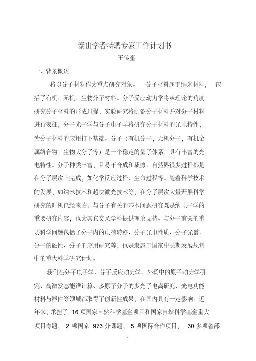 泰山学者特聘专家工作计划书