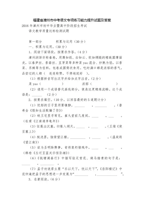 福建省漳州市中考语文专项练习能力提升试题及答案
