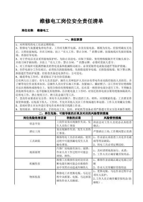 维修电工岗位安全责任清单