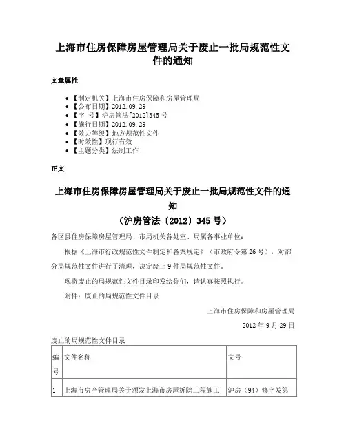 上海市住房保障房屋管理局关于废止一批局规范性文件的通知