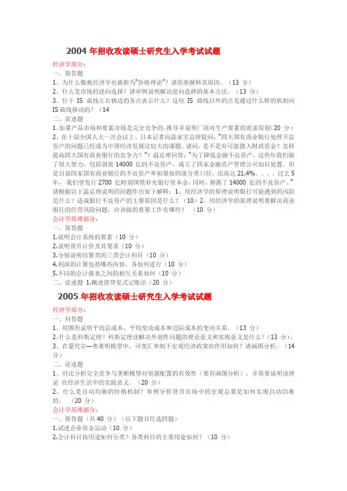 天津财经大学会计学研究生入学考试2004-2015真题