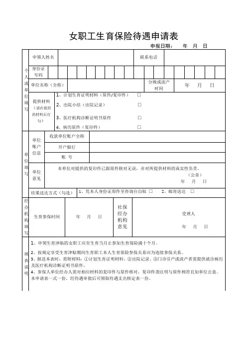 女职工生育保险待遇申请表