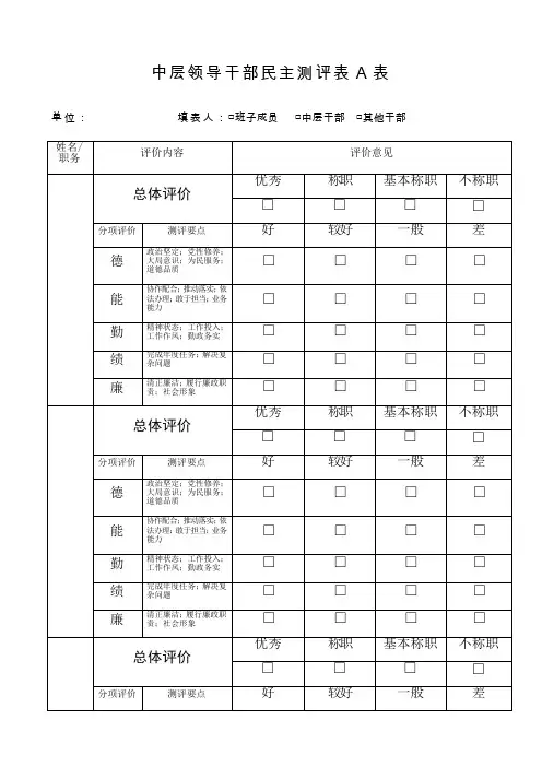 中层领导干部民主测评表