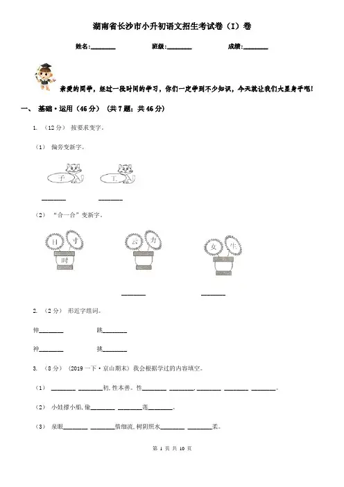 湖南省长沙市小升初语文招生考试卷(I)卷