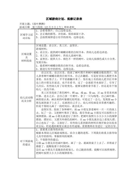 小班区域游戏计划、观察记录表《落叶飘飘》