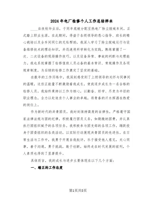 2024年电厂检修个人工作总结样本（3篇）