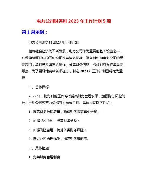 电力公司财务科2023年工作计划5篇