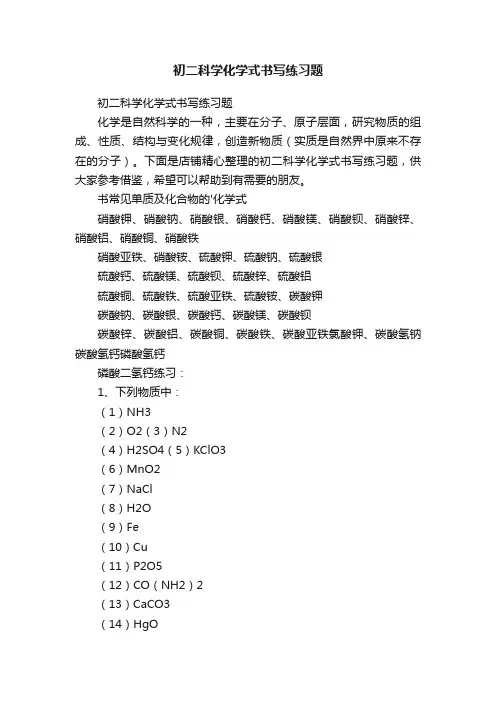 初二科学化学式书写练习题