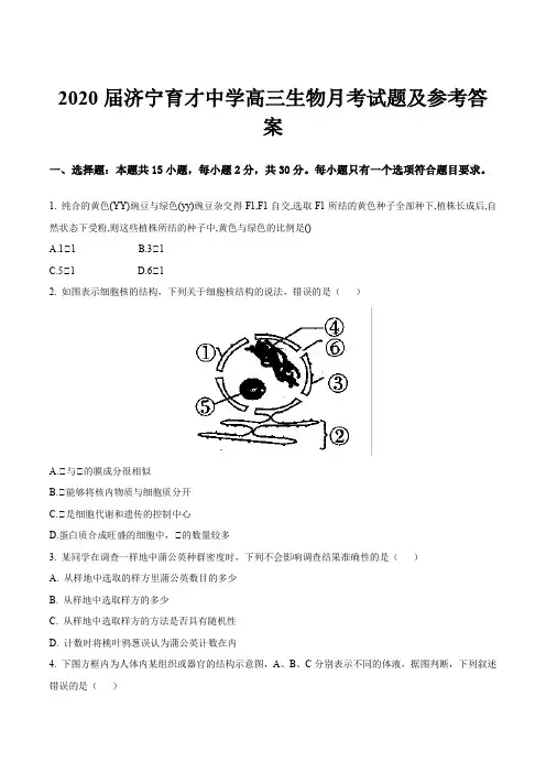 2020届济宁育才中学高三生物月考试题及参考答案