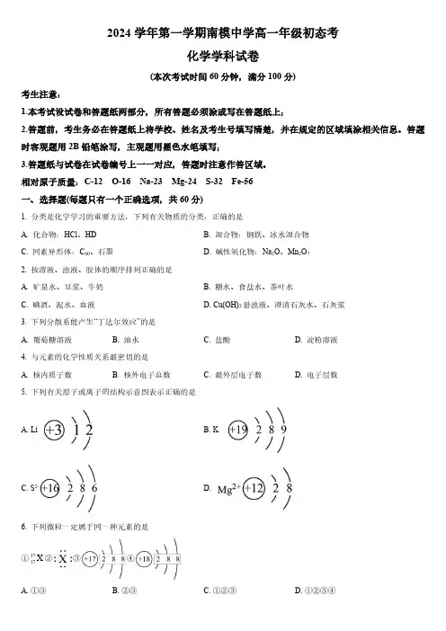 2024-2025学年上海市南模中学高一上学期初态考(摸底考试)化学试卷含详解