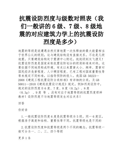 抗震设防烈度与级数对照表(我们一般讲的6级、7级、8级地震的对应建筑力学上的抗震设防烈度是多少)