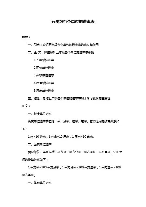 五年级各个单位的进率表