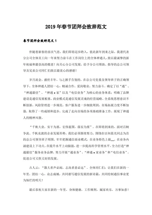 2019年春节团拜会致辞范文