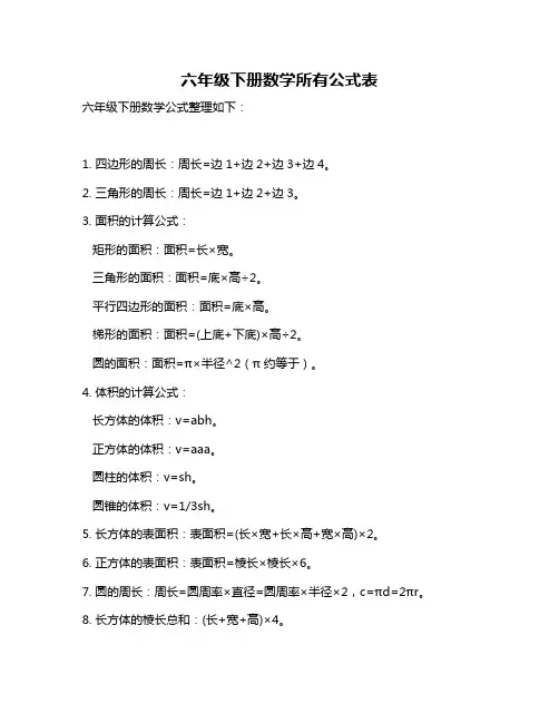 六年级下册数学所有公式表