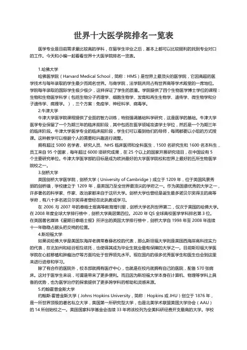 世界十大医学院排名一览表
