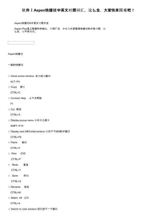软件丨Aspen快捷键中英文对照词汇，这么全，大家快来围观吧！