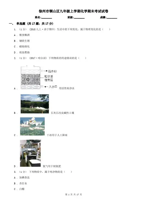 徐州市铜山区九年级上学期化学期末考试试卷