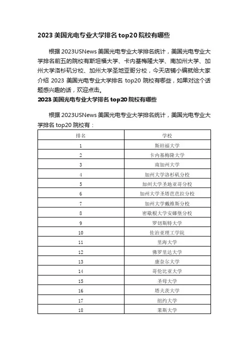2023美国光电专业大学排名top20院校有哪些