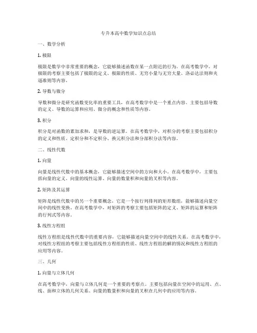 专升本高中数学知识点总结