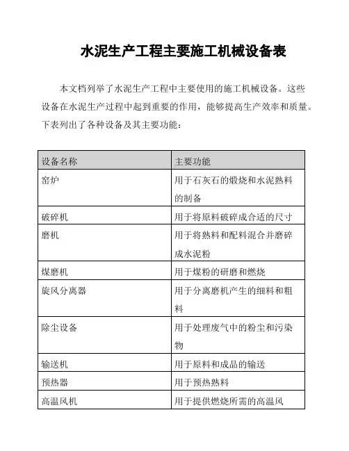 水泥生产工程主要施工机械设备表