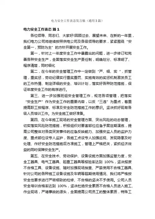 电力安全工作表态发言稿（通用3篇）