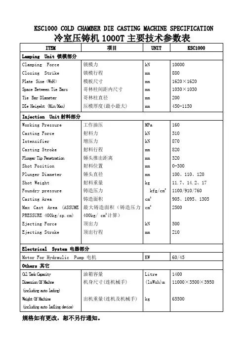 冷室压铸机1000T主要技术参数表