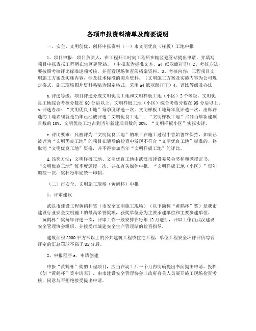 各项申报资料清单及简要说明