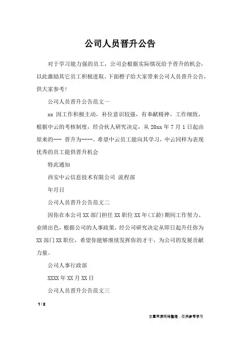 公司人员晋升公告_行政公文