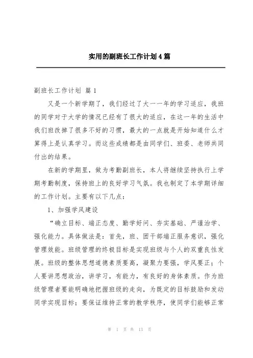 实用的副班长工作计划4篇